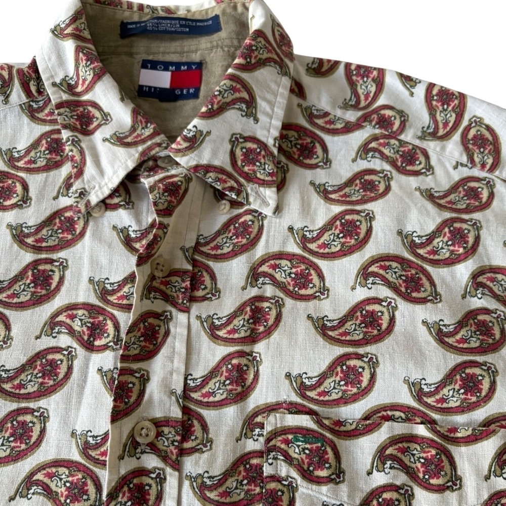 Vintage 90s Tommy Hilfiger Paisley Shirt Mens XL Short Sleeve Button Down Resort